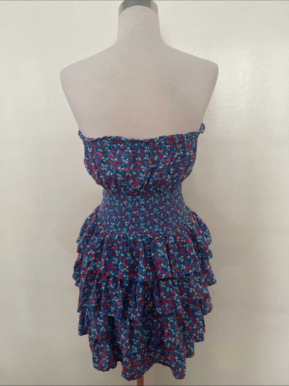 Patrons of Peace Blue Floral Smocked Strapless Tiered Dress - Picture 3 of 5